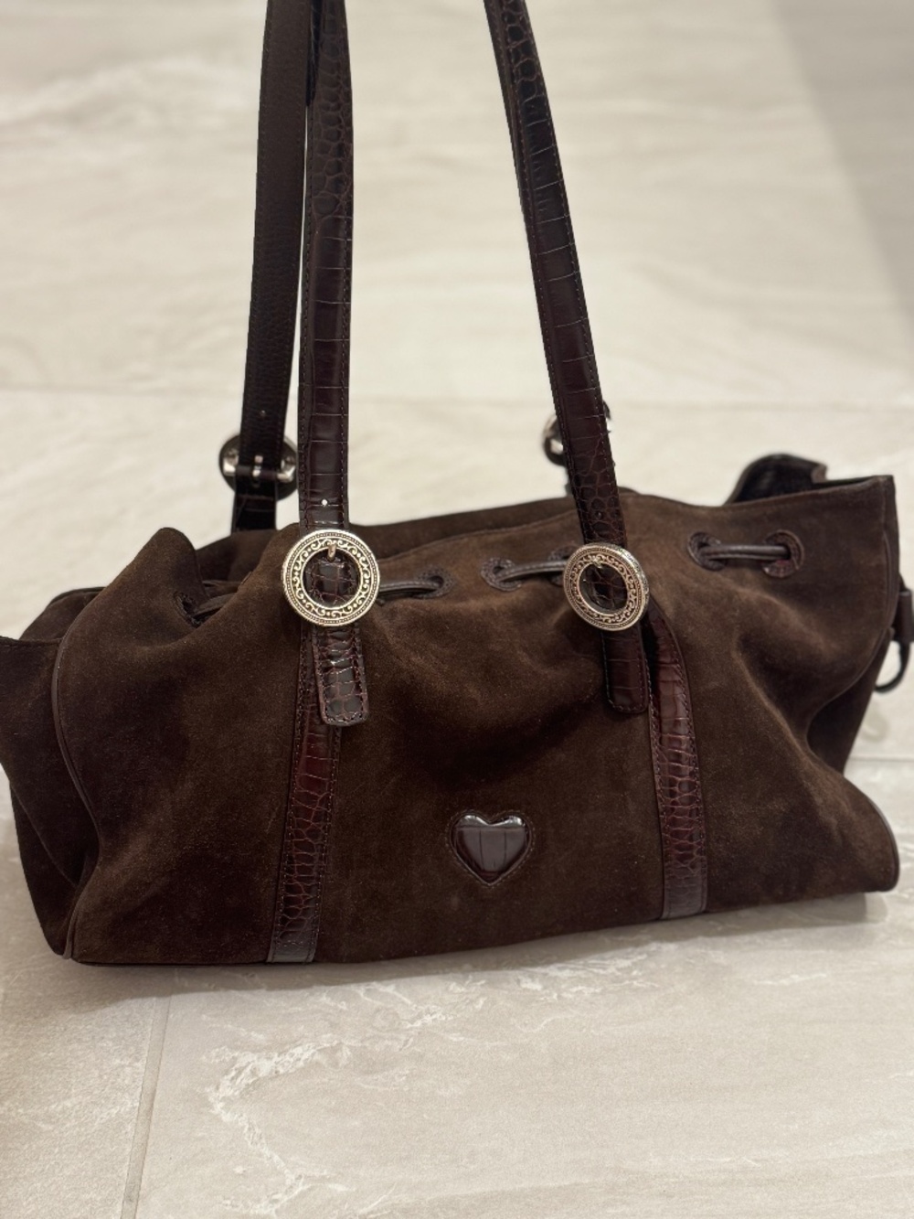 Brighton Collection Brown Suede Leather Shoulder Bag Purse Heart Charm Y2K